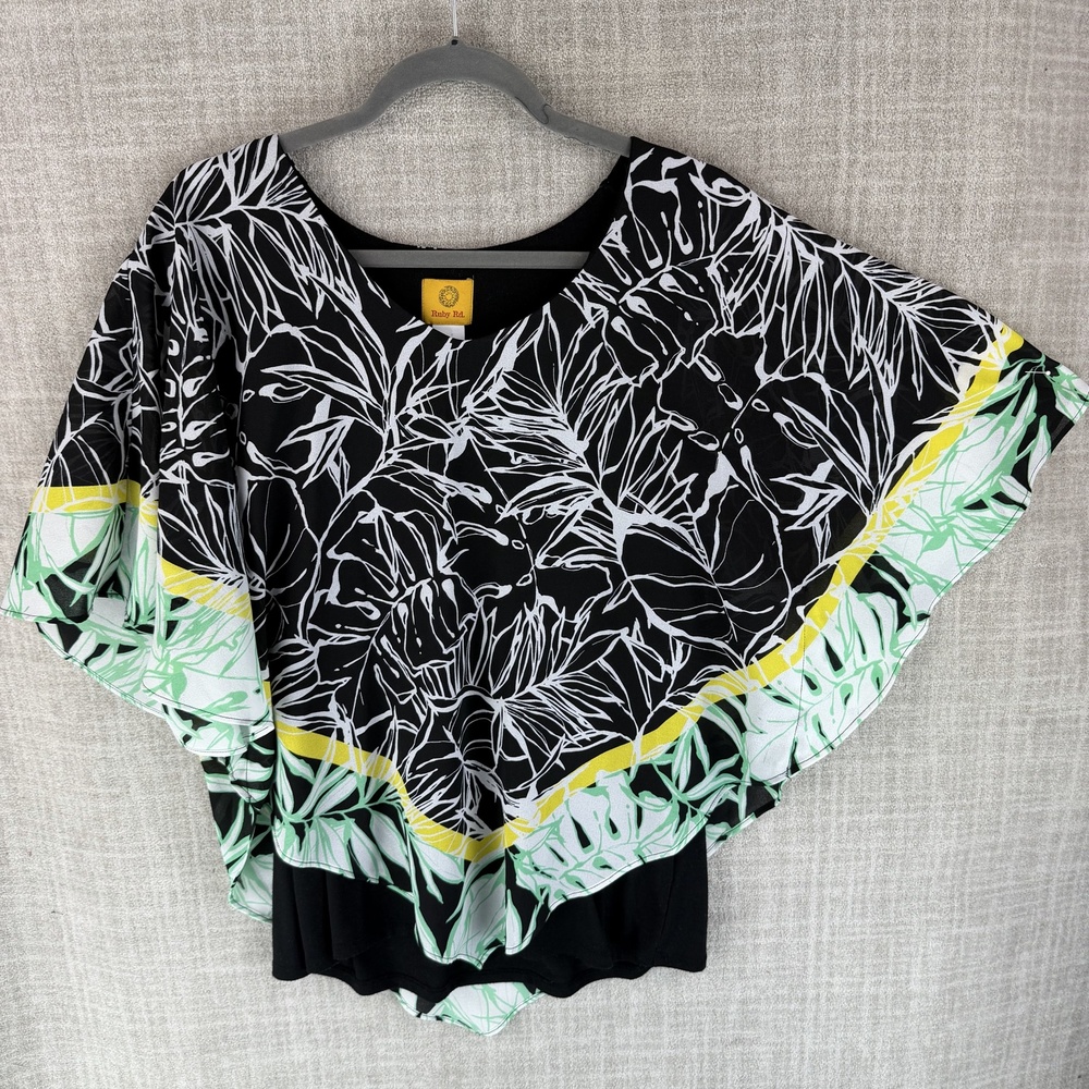 Ruby Rd. Blouse Womens L Black Kimono Hawaiian Scoop Neck Short Sleeve Ruffle